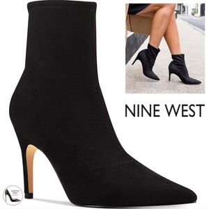 NINE WEST Jory 2 Stretch Booties Pointed toe Stiletto Heel Black Ankle Boots 8.5